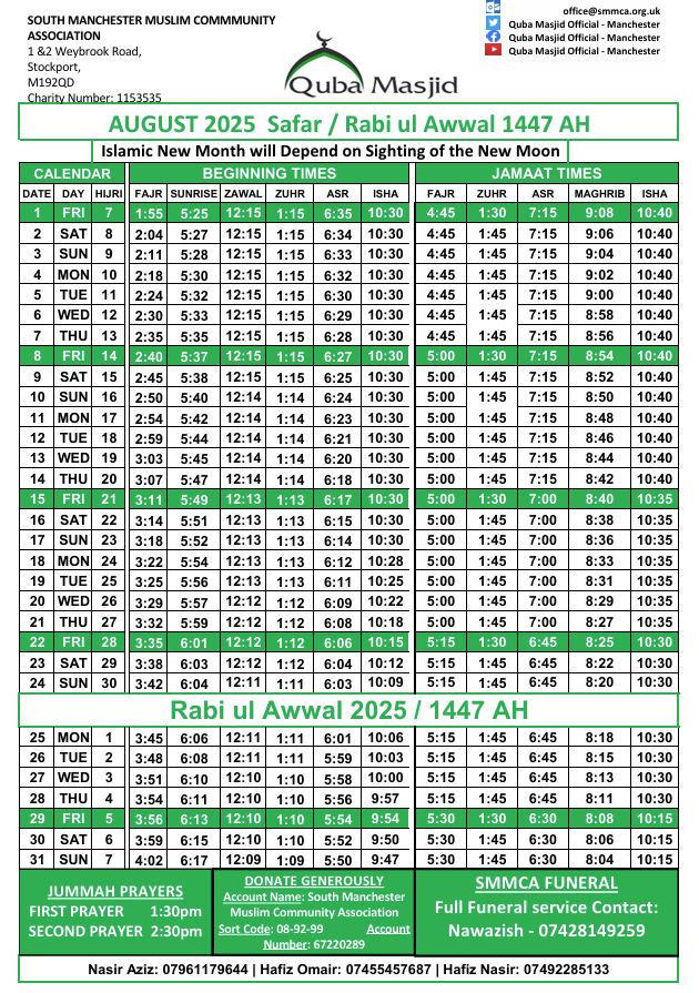 Prayer Times 2025 | Dhul Hijjah/Muharram 1447 AH